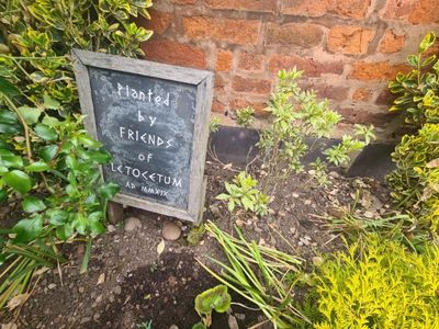 A close up of a sign saying Planted by Friends of Letocetum